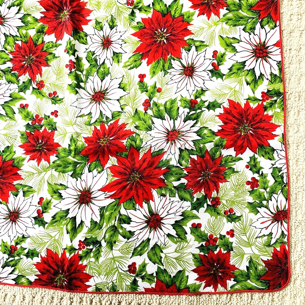 Vintage Christmas Tablecloth Cotton Blend Cloth Festive Red & White Poinsettias